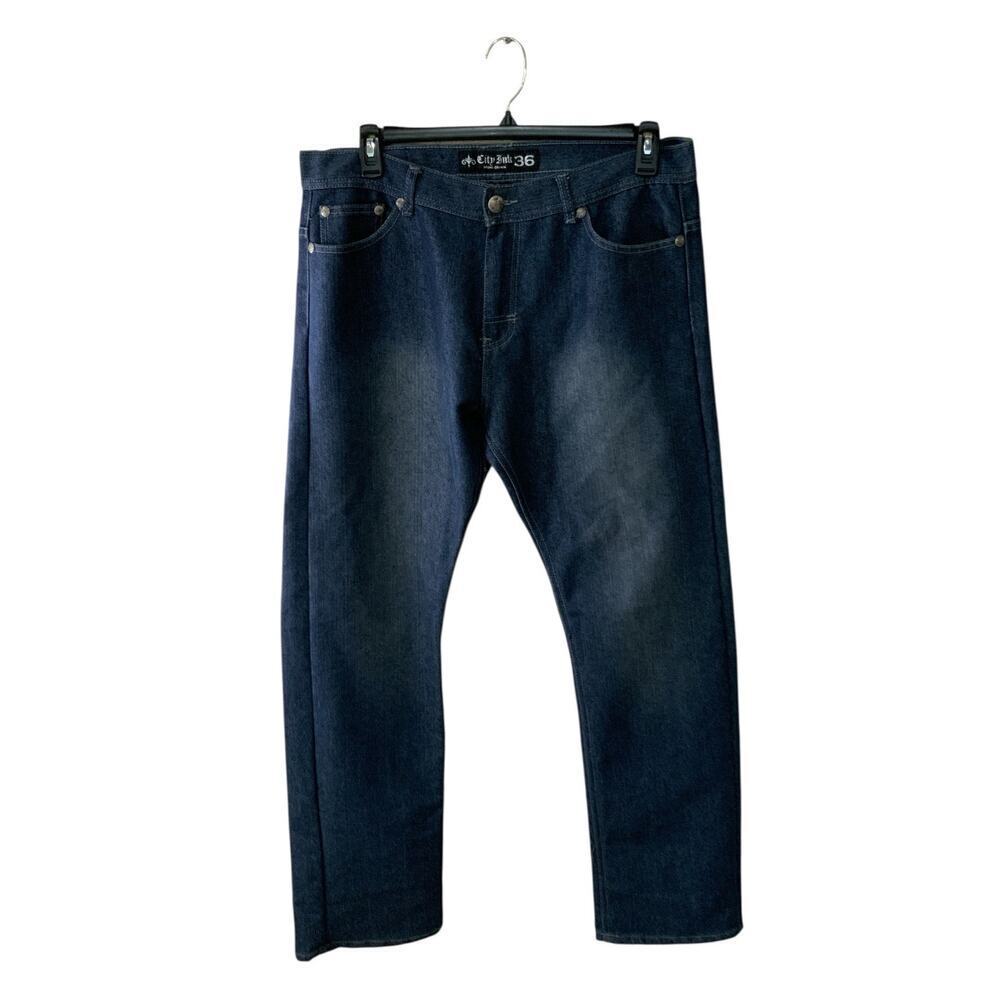 City Ink Tribal Jeans Mens 36x33 Straight Leg Dark Wash Casual Streetwear Denim